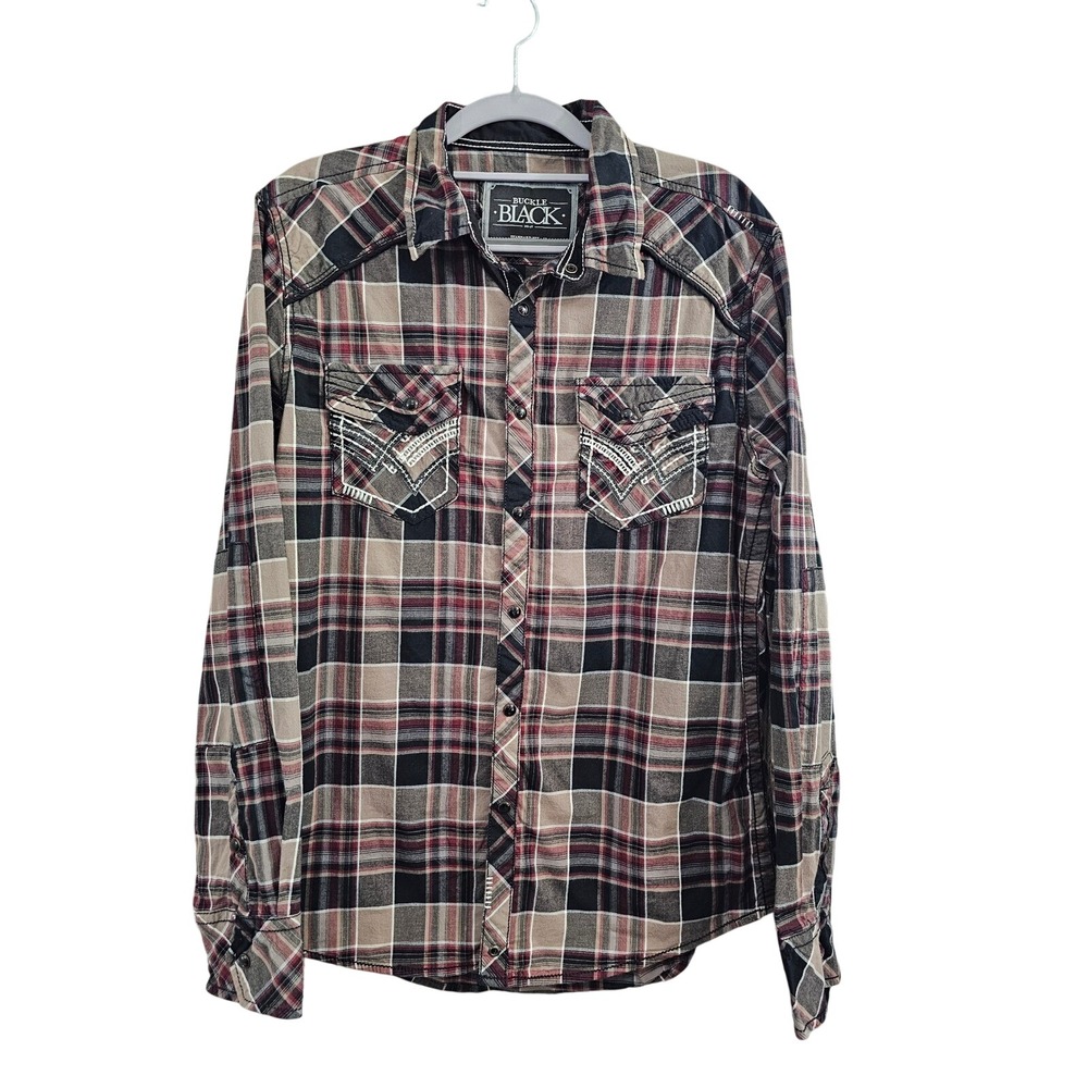 Buckle‎ Black Mens Plaid Western Snap Shirt Standard Fit Distressed Size M Plaid